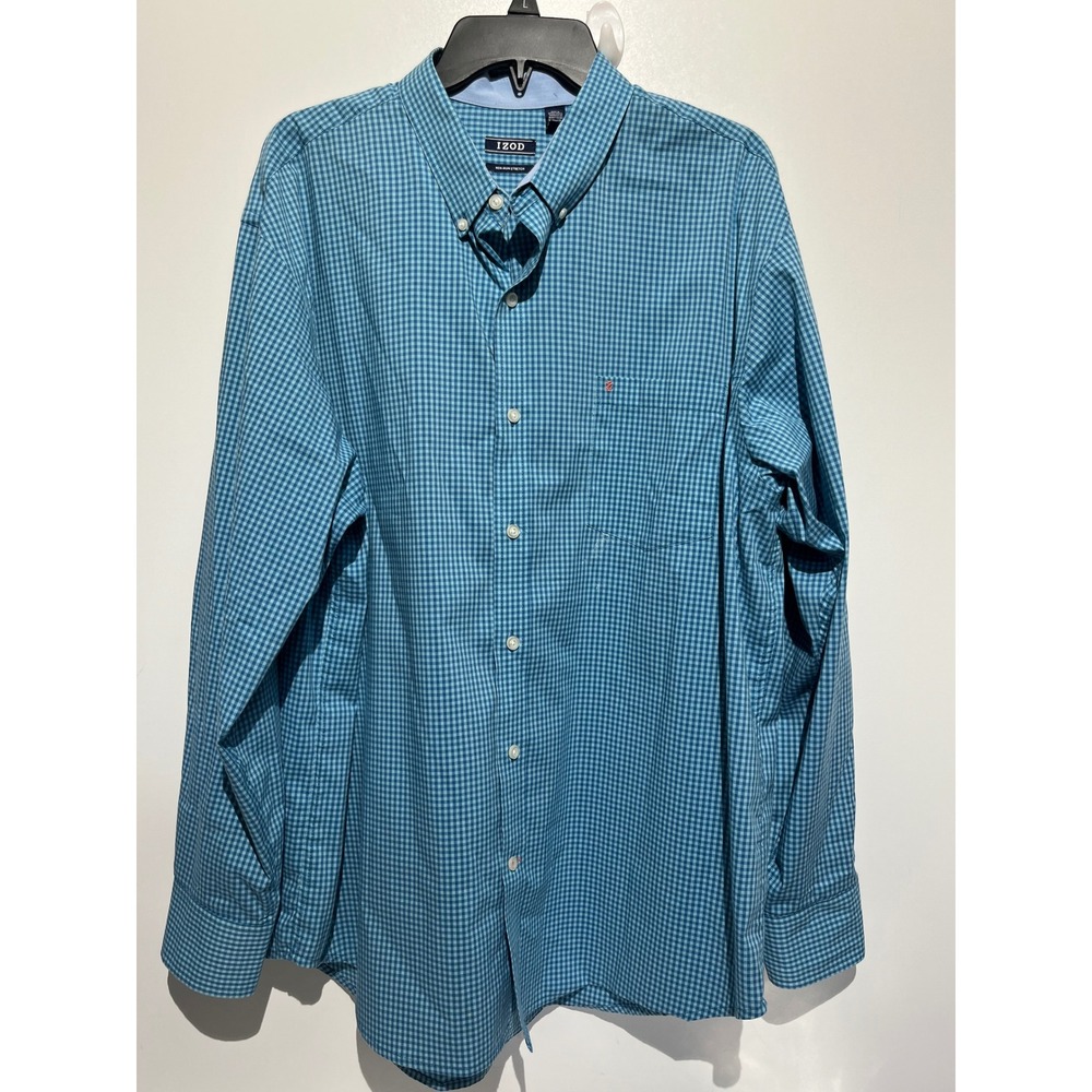 IZOD Mens XL Teal Blue Gingham Non-Iron Stretch Long Sleeve Button Down Shirt